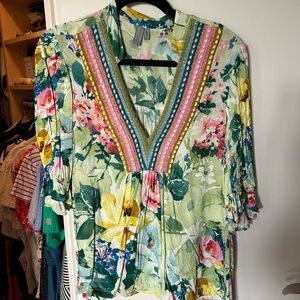 Anthropologie Floral V-Neck Blouse - Green and Pink